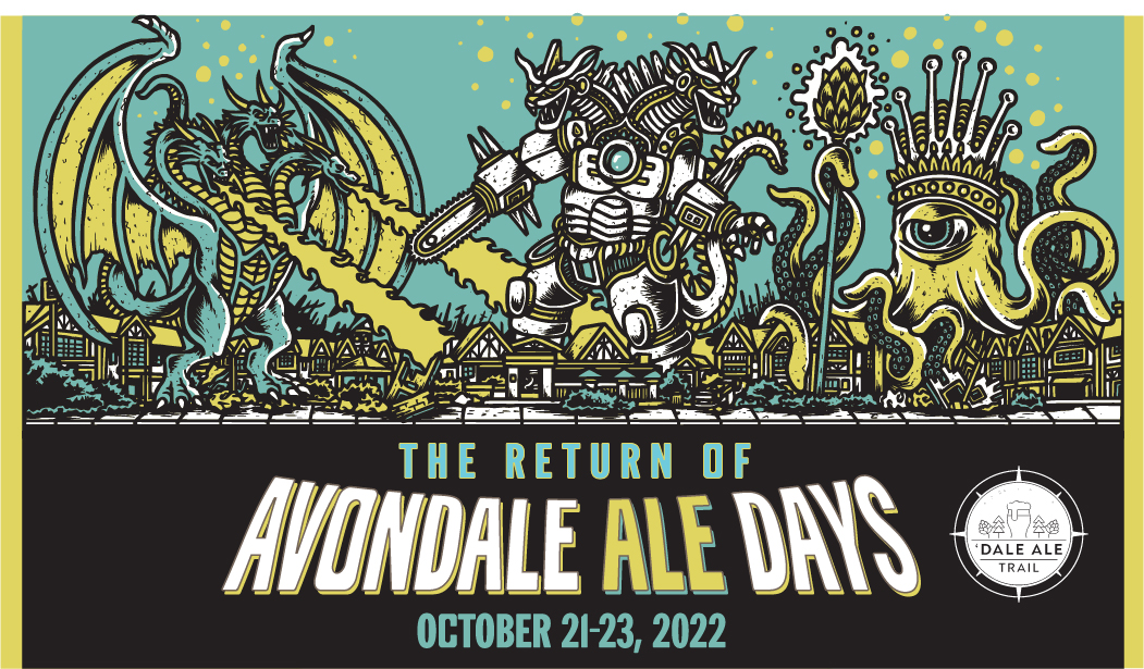 Three Japanese Kaiju monsters, three headed King Ghidorah, robot Heavy Weaponry and squid-like Crimson King battle over a Tudor village with the Dale Ale Trail compass logo for The Return of Avondale Ale Days October 21-23, 2022