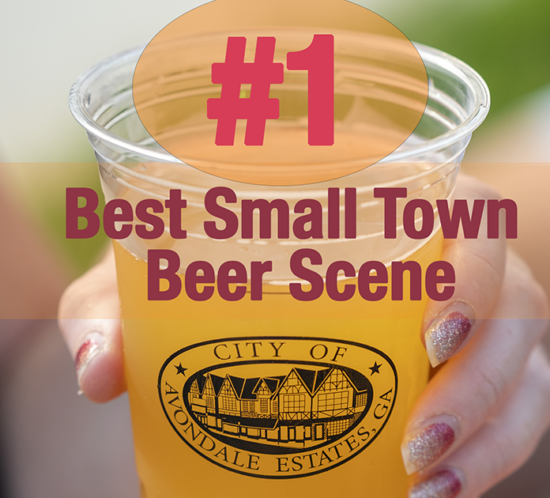 #1 Best Small Town Beer Scene with hand holding a beer in a to-go cup with the Avondale Estates' city logo