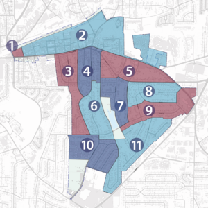 Map of Avondale Estates divided into 11 teams for Shop Local Throw Down